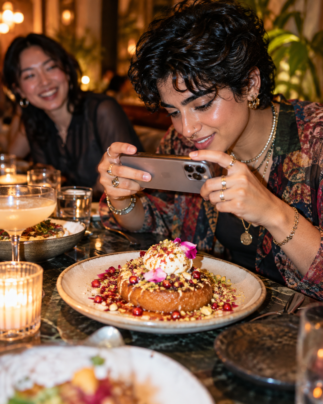 Creator photographing a dessert at dinner