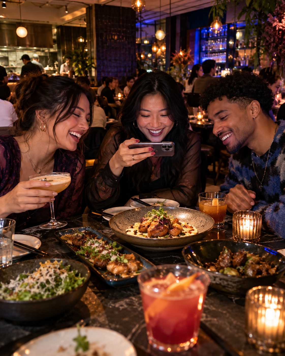 Creators laughing around a restaurant table