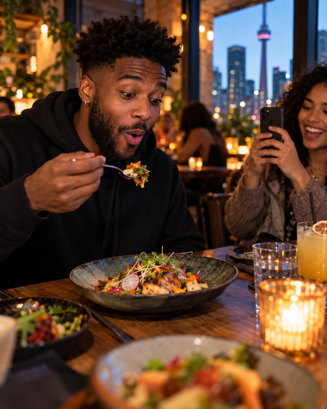 Creator tasting a dish while a friend films