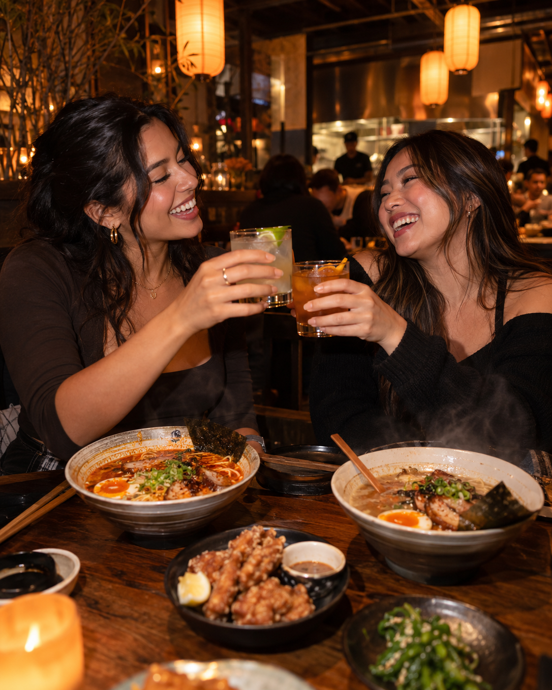 Creators toasting over bowls of ramen